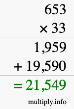 How to calculate 653 times 33 using long multiplication