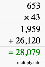 How to calculate 653 times 43 using long multiplication