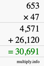 How to calculate 653 times 47 using long multiplication
