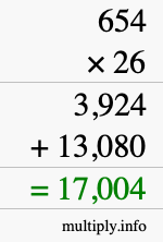 How to calculate 654 times 26 using long multiplication