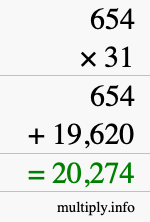 How to calculate 654 times 31 using long multiplication