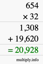 How to calculate 654 times 32 using long multiplication
