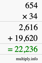 How to calculate 654 times 34 using long multiplication