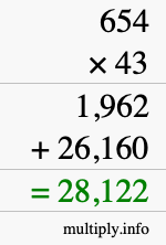 How to calculate 654 times 43 using long multiplication