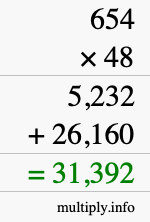 How to calculate 654 times 48 using long multiplication
