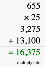 How to calculate 655 times 25 using long multiplication How to calculate 655 times 25 using long multiplication