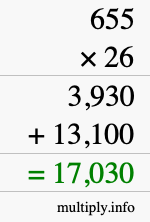 How to calculate 655 times 26 using long multiplication