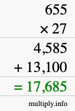 How to calculate 655 times 27 using long multiplication