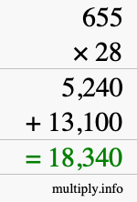 How to calculate 655 times 28 using long multiplication How to calculate 655 times 28 using long multiplication