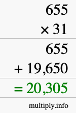 How to calculate 655 times 31 using long multiplication