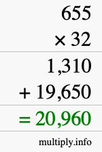 How to calculate 655 times 32 using long multiplication