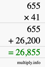 How to calculate 655 times 41 using long multiplication