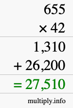 How to calculate 655 times 42 using long multiplication How to calculate 655 times 42 using long multiplication