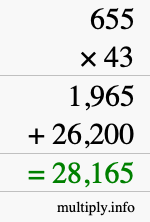 How to calculate 655 times 43 using long multiplication