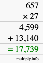 How to calculate 657 times 27 using long multiplication