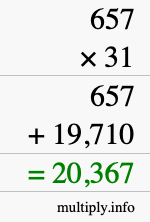 How to calculate 657 times 31 using long multiplication