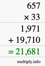 How to calculate 657 times 33 using long multiplication