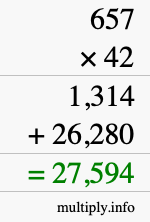 How to calculate 657 times 42 using long multiplication