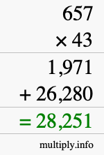 How to calculate 657 times 43 using long multiplication