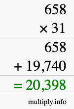 How to calculate 658 times 31 using long multiplication