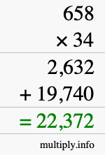 How to calculate 658 times 34 using long multiplication