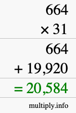 How to calculate 664 times 31 using long multiplication