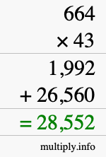 How to calculate 664 times 43 using long multiplication