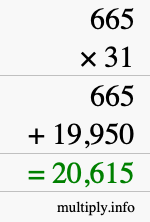 How to calculate 665 times 31 using long multiplication