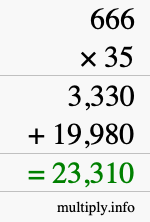 How to calculate 666 times 35 using long multiplication How to calculate 666 times 35 using long multiplication