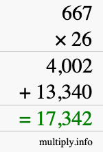 How to calculate 667 times 26 using long multiplication