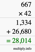 How to calculate 667 times 42 using long multiplication