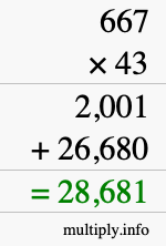 How to calculate 667 times 43 using long multiplication
