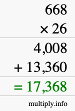 How to calculate 668 times 26 using long multiplication