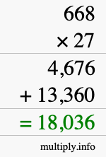How to calculate 668 times 27 using long multiplication