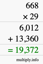 How to calculate 668 times 29 using long multiplication