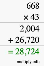 How to calculate 668 times 43 using long multiplication