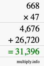 How to calculate 668 times 47 using long multiplication