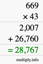 How to calculate 669 times 43 using long multiplication