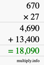 How to calculate 670 times 27 using long multiplication