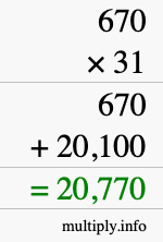 How to calculate 670 times 31 using long multiplication