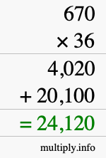 How to calculate 670 times 36 using long multiplication