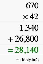 How to calculate 670 times 42 using long multiplication