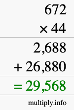 How to calculate 672 times 44 using long multiplication