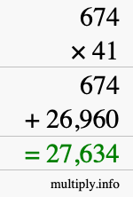 How to calculate 674 times 41 using long multiplication