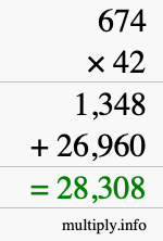 How to calculate 674 times 42 using long multiplication