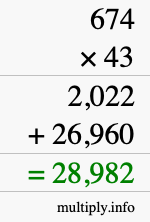 How to calculate 674 times 43 using long multiplication