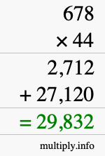 How to calculate 678 times 44 using long multiplication