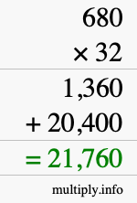 How to calculate 680 times 32 using long multiplication