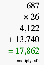 How to calculate 687 times 26 using long multiplication