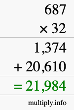 How to calculate 687 times 32 using long multiplication